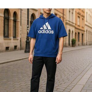 Adidas Blue Short Sleeve Hoodie Size L Mens Polyester